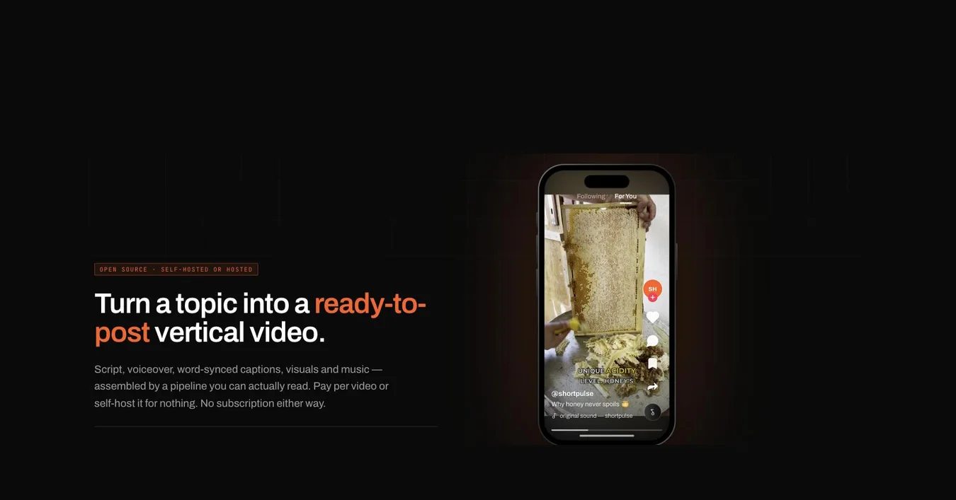 The ShortPulse landing page: a phone mockup playing a generated vertical video beside the headline “Turn a topic into a ready-to-post vertical video”.
